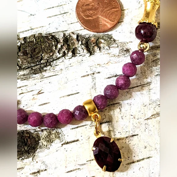 Natural Red Ruby Bead & Pendant With Red Jade Necklace In Gold Plated